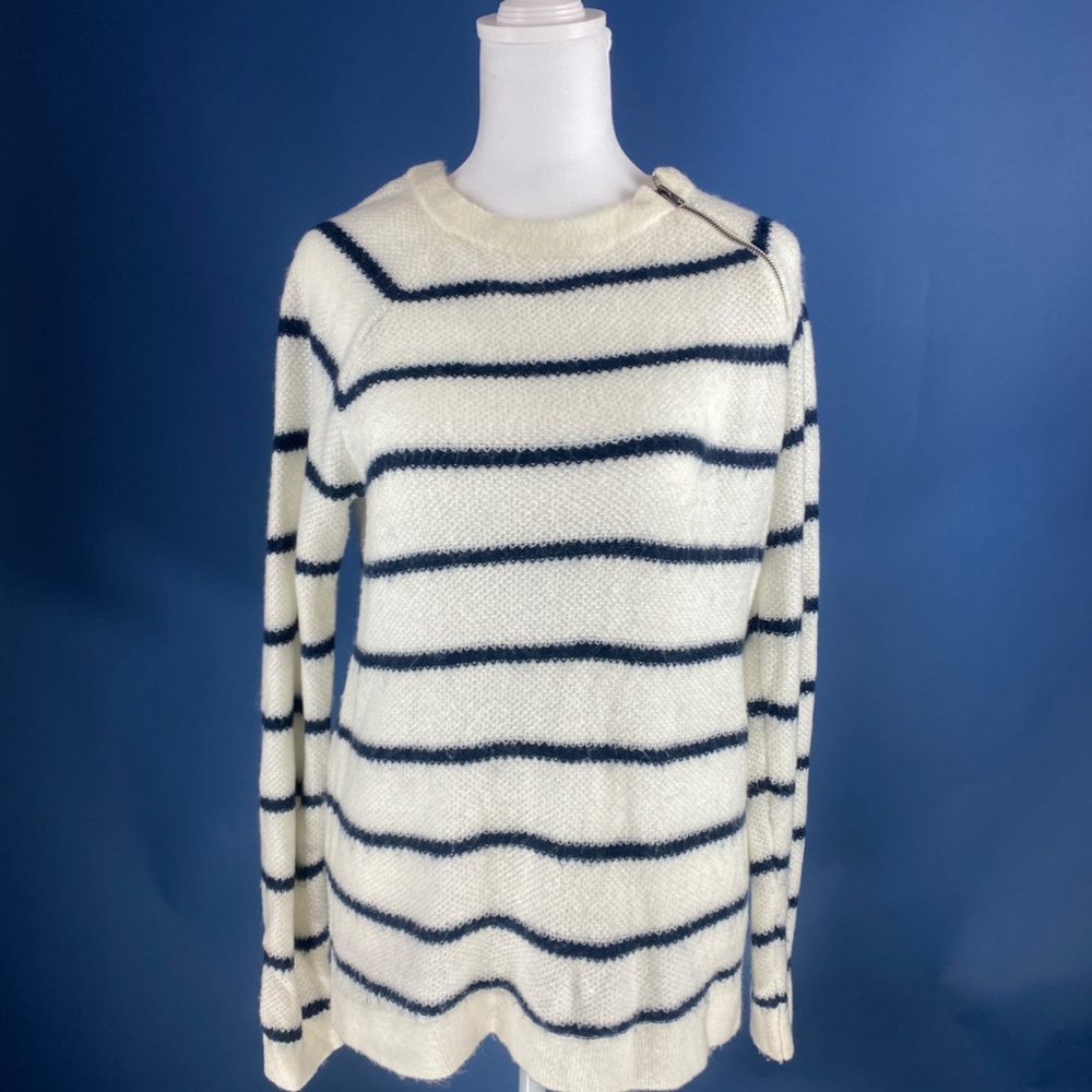 Abercrombie & Fitch Striped Zipper Crewneck Sweater Ivory/White and Navy - M